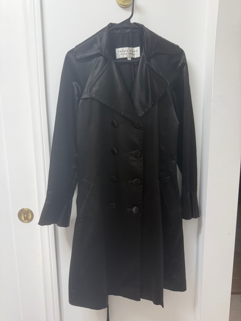 Trina Turk Satin Black Double-Breasted Trench Coat